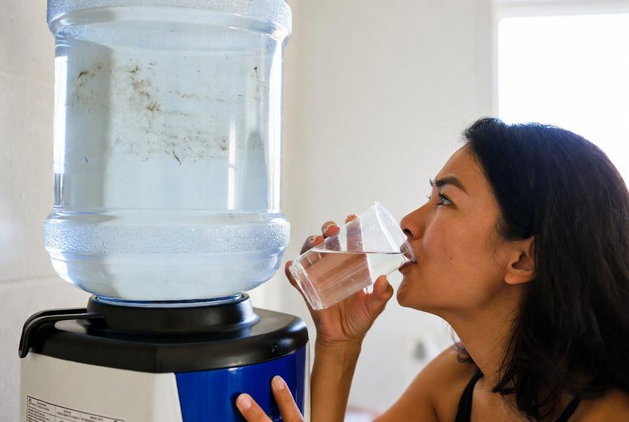 dirty 5 gallon water jug on water dispenser