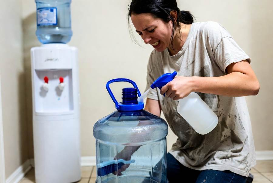 5 gallon water jug being scrubbed to clean the water dispenser