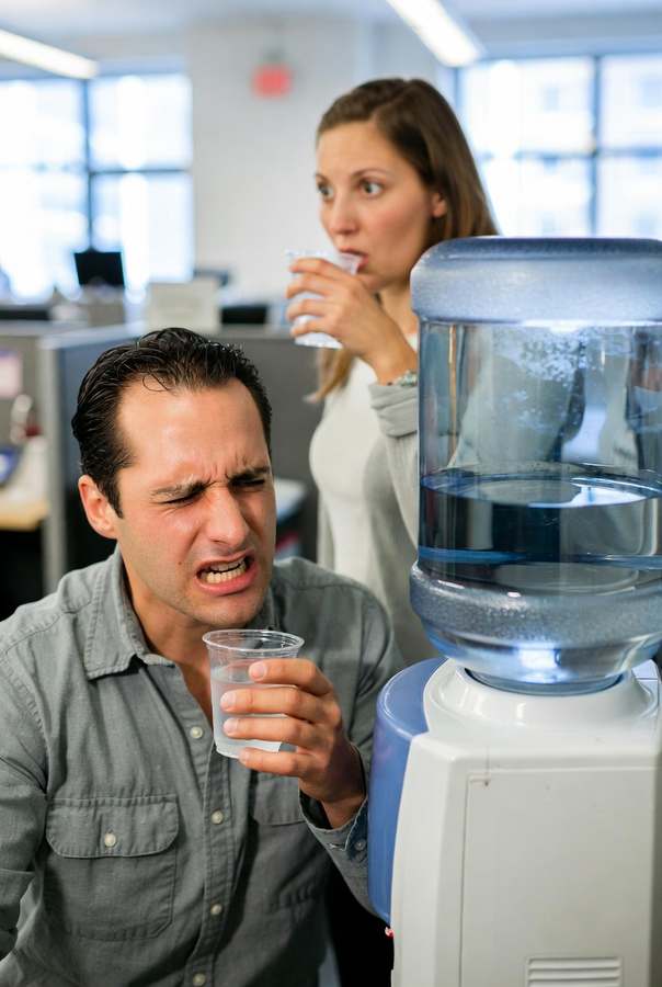 dirty water jug on water dispenser that tastes bad at the office