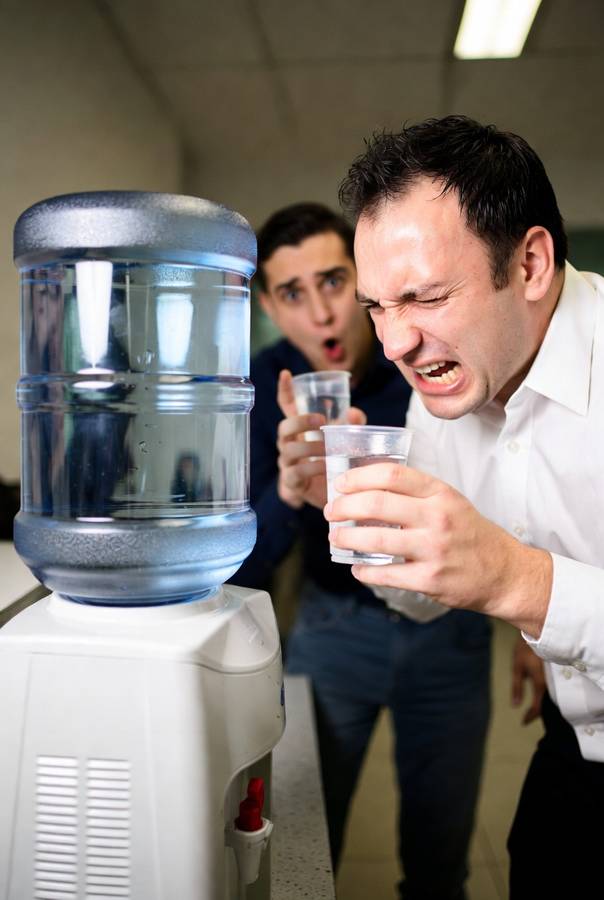 drinking from dirty water jug making person disgusted