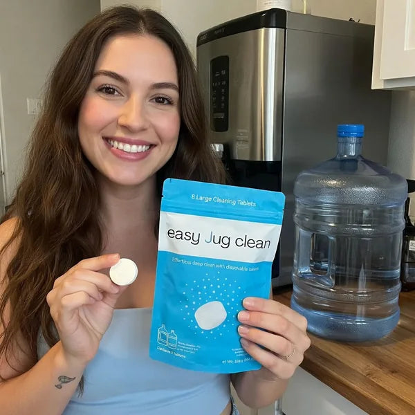 easy jug clean tablet used to clean water dispenser bottles over bottle brushes